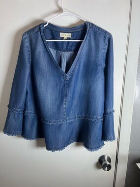 cloth & stone Indigo Denim V-Neck Frayed Peasant Tunic